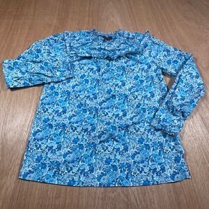 J.Crew Factory XXS Blue Floral Ruffle Smocked Neck Cotton Blouse Top